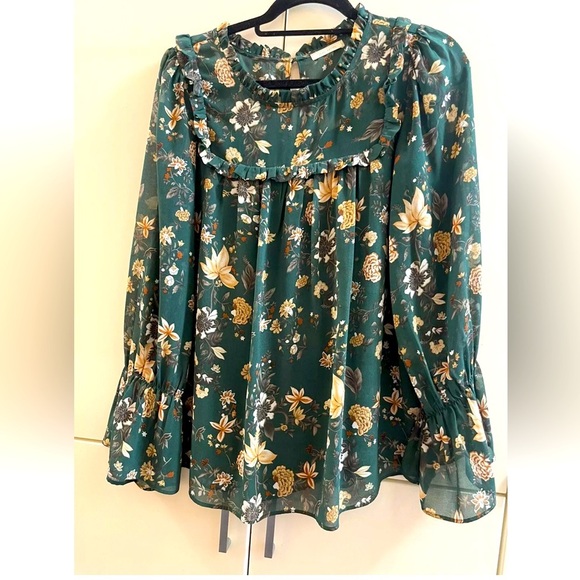 Ava James Ruffle Floral Green lined Multicolored Top / Blouse Size M/ L - Picture 1 of 8